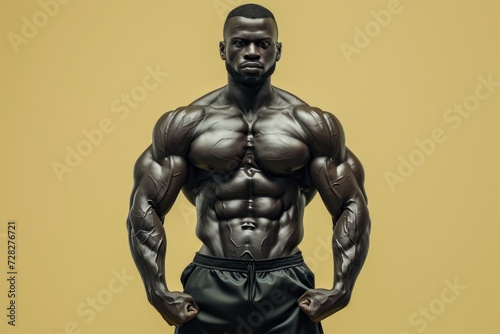 Muscular male bodybuilder posing against a neutral background, showcasing physique. © robertuzhbt89