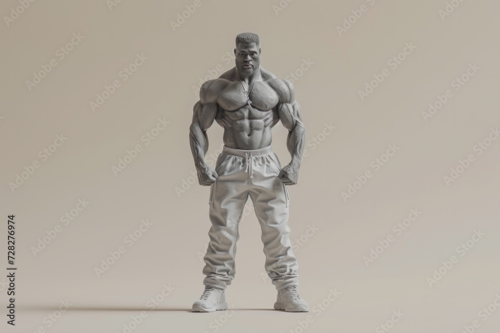 Monochrome image of a muscular male action figure standing confidently against a plain background.