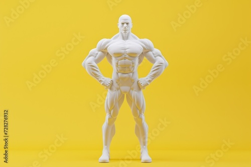 White muscular male figurine posing on a bright yellow background with copy space.