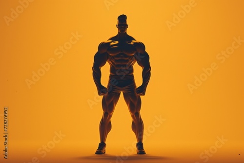 Silhouette of a muscular man against an orange background, depicting strength and fitness. © robertuzhbt89