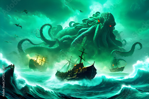 Dark fantasy scene showing the giant sea monster destroying ships, digital art style, illustration painting