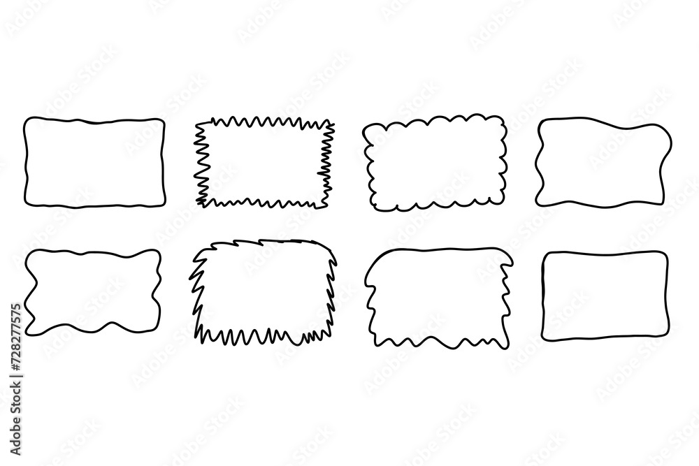 Obraz premium Doodle Rectangle frame set. Hand drawn wavy curve deformed textured frames. Border sketch. Vector illustration isolated on a white background.