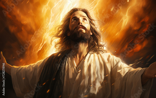 Spiritual portrayal of Jesus Christ in robes raising hands towards heavenly light in divine revelation and grace, with a dramatic, glowing background