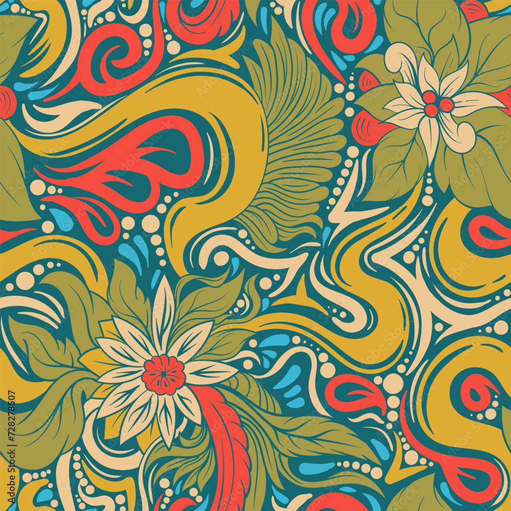 illustration of a cultural batik pattern of flower and leaf motifs with thick seamless lines