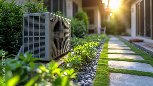 Air-conditioning unit in a garden during summer Generative AI photo