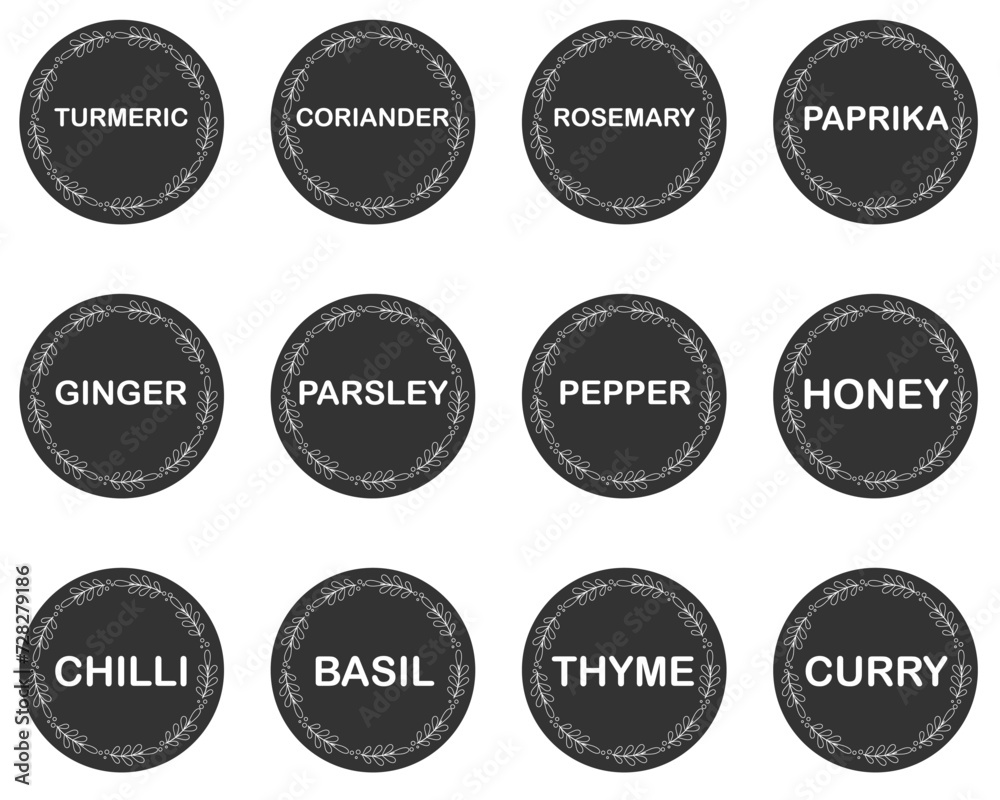 Stickers or labels for jars of spices and herbs.Set of 12 vector stickers with names of spices in English.Vector illustration. Stickers or labels for jars of spices and herbs.Set of 12 vector stickers with names of spices in English.Vector illustration.