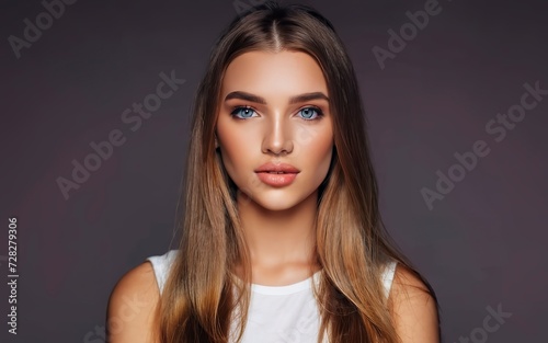 Young pretty woman portrait in make up. Face of beauty girl with straight smoothy hair and casual makeup
