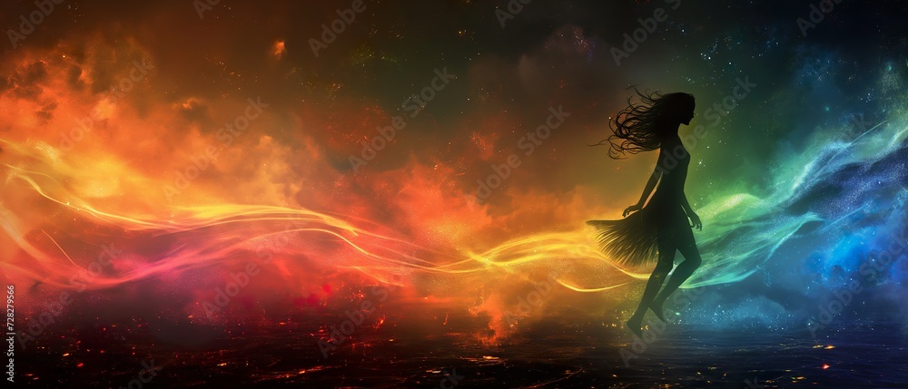 Silhouette Of A Girl Against The Backdrop Of Bright Outer Space. Illustration On The Theme Of Space, Man, Fantasy And Fairy Tales. Generative AI Silhouette Of A Girl Against The Backdrop Of Bright Outer Space. Illustration On The Theme Of Space, Man, Fantasy And Fairy Tales. Generative AI
