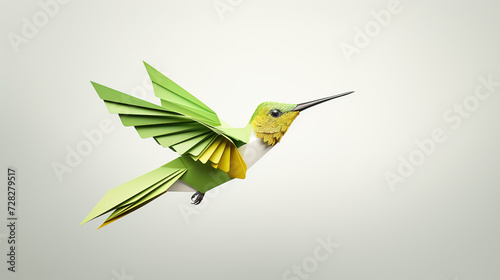 Origami hummingbird, bright little colibri bird in flight made of paper light background