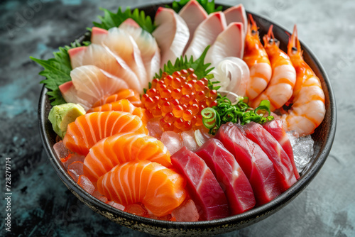 Close up of Fresh set of raw sashimi Tuna and salmon fillet steak on wooden board background, delicious food for dinner, healthy food, ingredients for cooking.