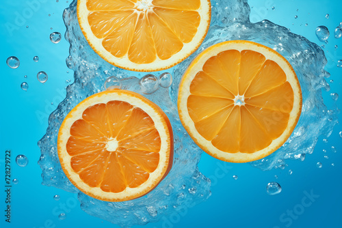 Close-up of orange slices in water with bubbles. Concept of skin care cosmetics with Vitamin C, refreshing toner. Abstract citrus summer background.
