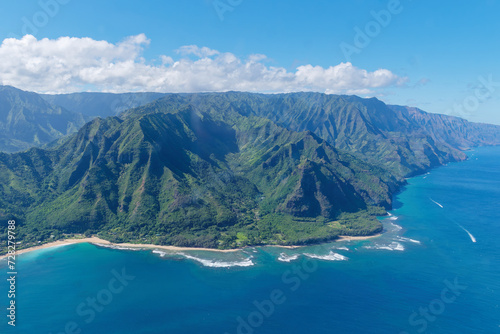 Aerial view from a tourist plane of an amazing Na Pali Coast, Island of Kauai, Hawaii 