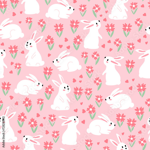 Rabbits and flowers seamless pattern