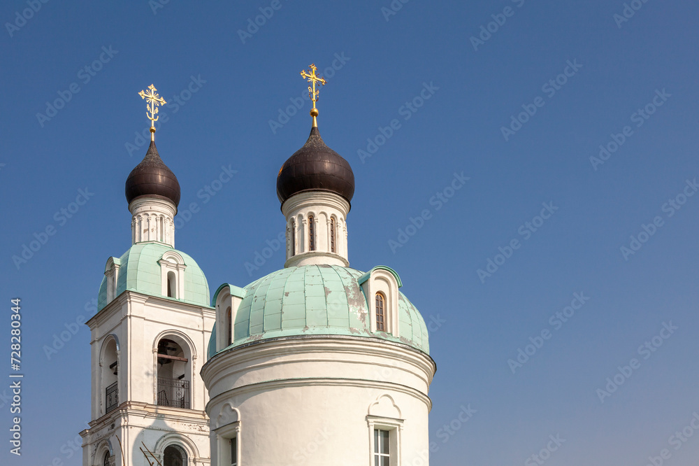 Picturesque domes of the Church of St. Nicholas the Wonderworker in the village of Lukyanovo near Moscow