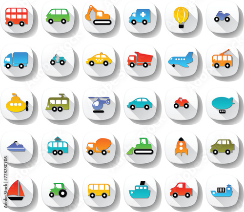 A vibrant collection of various transportation icons, including buses, cars, construction vehicles, and emergency services.
