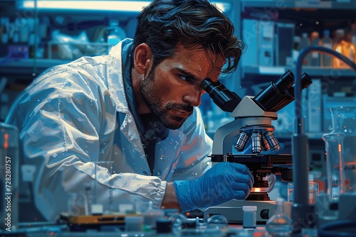 Scientist in Lab Coat Examining Microscope Generative AI