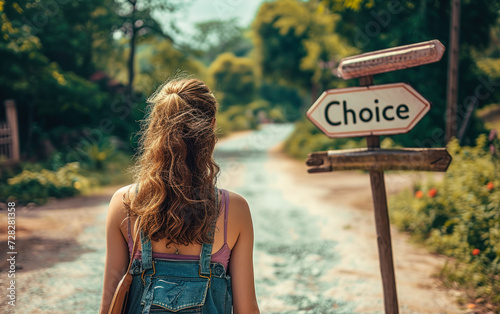 Young woman at a crossroads with a signpost pointing to Choice, symbolizing life decisions, direction, and the uncertainty of future paths