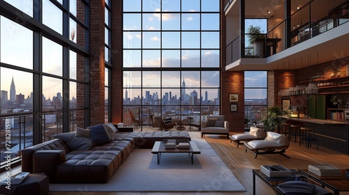 A modern urban loft with floor-to-ceiling windows.