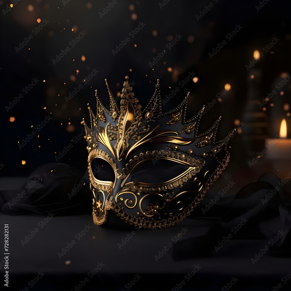 Beautiful dark gold mask on black background with bokeh.
