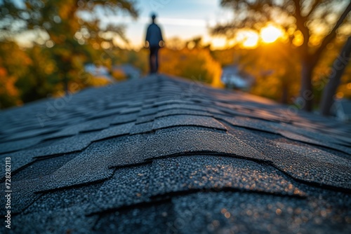 Plumber inspecting asphalt shingles pipe roofer checking roof for maintenance, roof inspection image photo