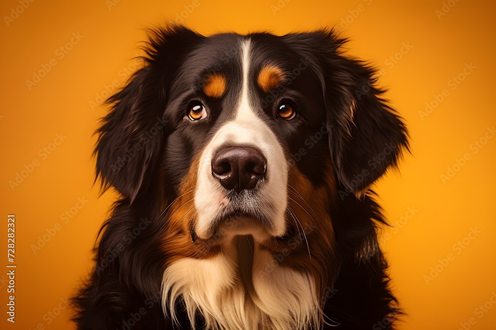 Portrait of a Bernese mountain dog on a yellow background.