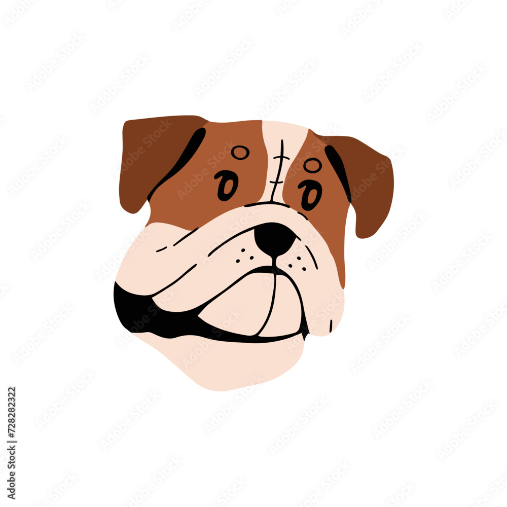 Cute British or English Bulldog muzzle. Happy Mastiff avatar. Boxer puppy snout. Guard dog face. Amusing doggy of large breed portrait. Funny canine pet. Flat isolated vector illustration on white
