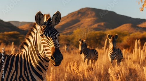Portrait of a zebra in the savannah landscape.