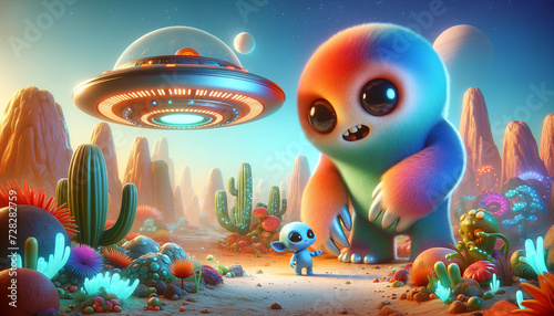 Friendly Encounter on the Colorful Monster Planet: A Small Alien and a Gentle Monster Explore Together
