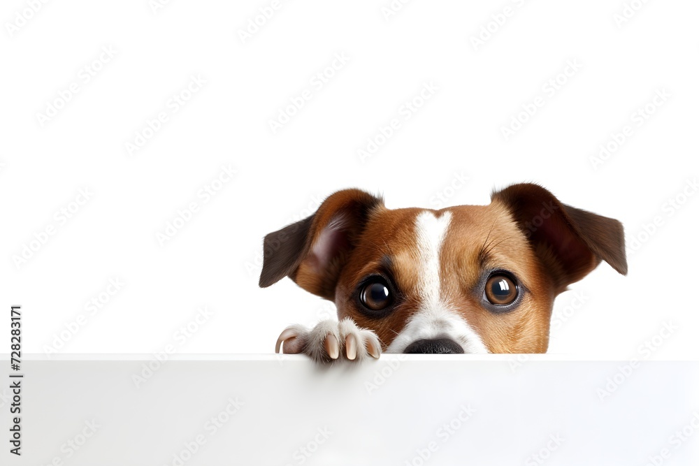 Jack russell terrier peeking from behind a white banner.