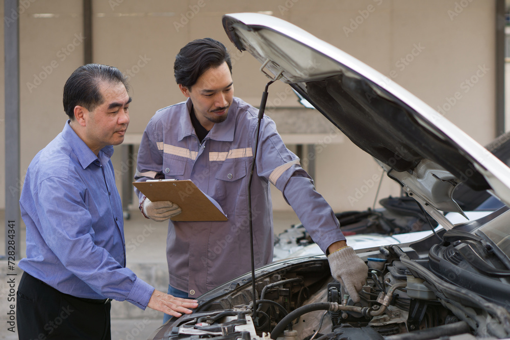 Two guys are standing by a car with the hood open, staring at the engine inside. Two guys are standing by a car with the hood open, staring at the engine inside.