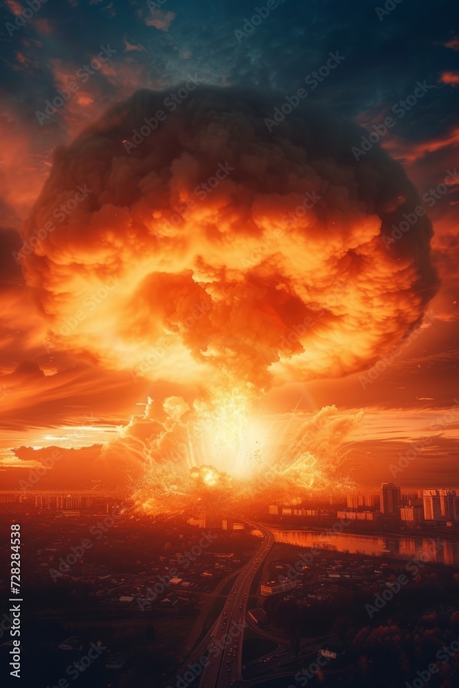 Nuclear bomb explosion, shock wave against the background of a nuclear fungus.