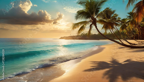 Tropical beach with palm trees  golden sunset  and serene ocean waves  creating a beautiful paradise vacation scene