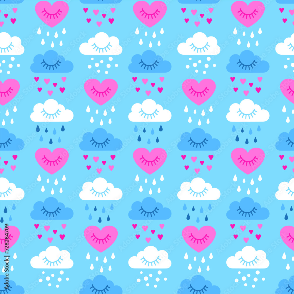 Valentine's day seamless pattern in pastel colors, cloudy sky and rain of hearts. Vector hand drawn illustration. Valentine's day seamless pattern in pastel colors, cloudy sky and rain of hearts. Vector hand drawn illustration.