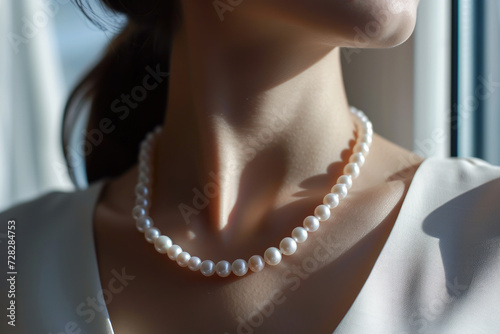 Beauty wearing a white pearl necklace , fine jewelry concept