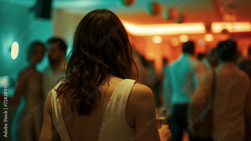 Unseen Presence: Ignored by the party, a woman's social anxiety is palpable against the blurred backdrop of a lively gathering.