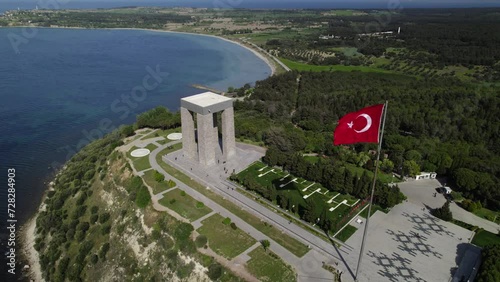 Canakkale Martyrs' Monument is a monument located on Hisarlik Hill in front of Morto Bay, at the end of the Dardanelles, on the Gallipoli Peninsula within the borders of the province of Canakkale. photo