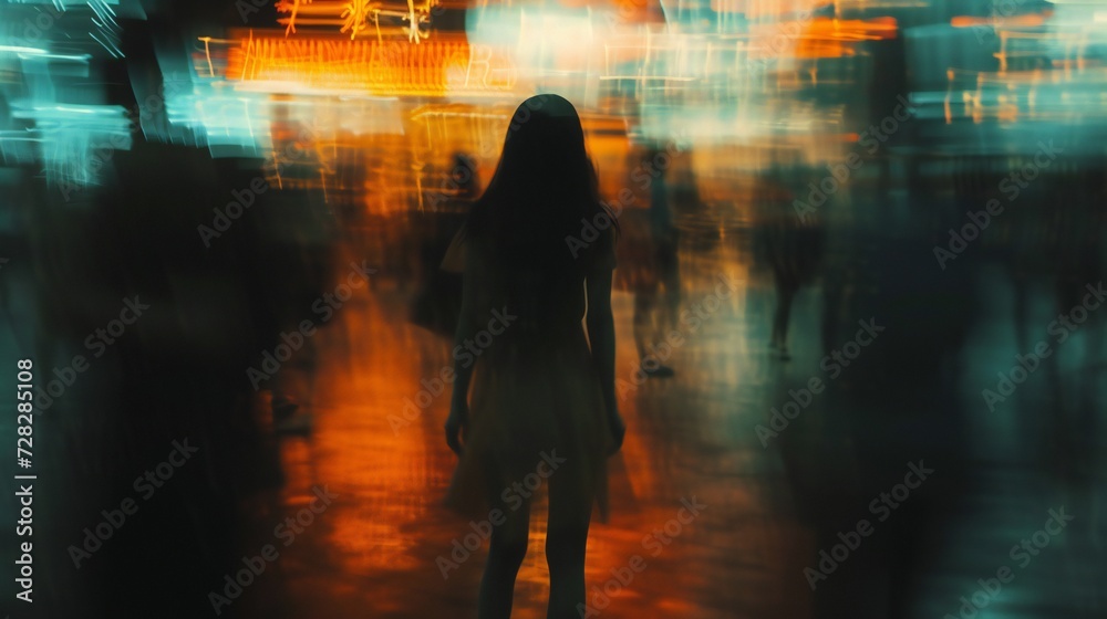 Unseen Presence: Portray the hidden anguish of social anxiety with a woman standing unnoticed amidst the blurred faces and movements of a lively gathering.
