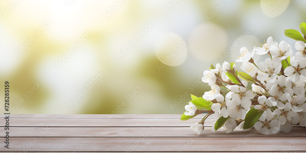 Wooden table with white flower branch, Spring or summer wallpaper ,Spring or summer background with empty wooden table and floral branch
 
