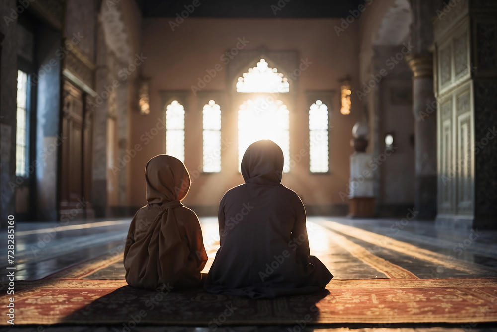 silouet of two childern praying in the mosque. Generative art. Generative ai. AI generated. silouet of two childern praying in the mosque. Generative art. Generative ai. AI generated.