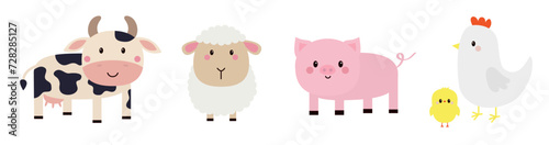 Farm animal set line. Pig, cow, sheep, hen chicken, egg icon. Cute round face head. Cartoon kawaii funny baby character. Nursery decoration. Kids education. Flat design. White background. Isolated.