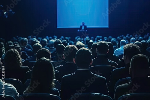Engaged audience sitting in large auditorium attentively listening to speaker at business seminar or educational lecture scene captures professional conference workshop or university symposium photo