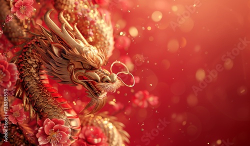 Chinese Newyear and flower, lantern, elements Chinese red background, gold dragon For decorating cover advertising