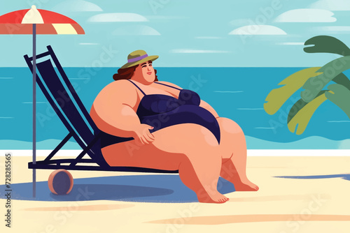 A woman with a plump figure in a swimsuit and a hat is relaxing on a tropical beach sitting in chaise-longue taking sunbath horisontal flat vector illustration.