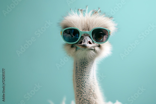 portrait of an ostrich in sunglasses isolated on blue background