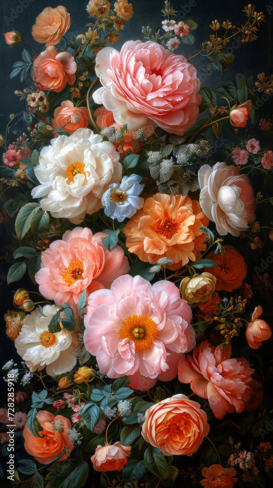 Lush Floral Arrangement with Vibrant Camellias - Ideal for Romantic Wallpapers and Elegant Fabric Designs