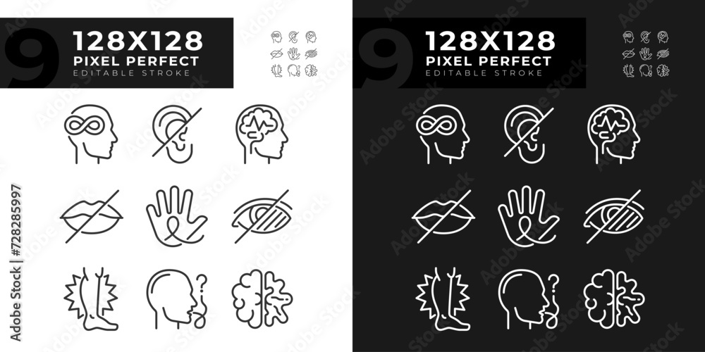 People with perception disorders linear icons set for dark, light mode. Cognitive development, brain damage. Thin line symbols for night, day theme. Isolated illustrations. Editable stroke - obrazy, fototapety, plakaty 