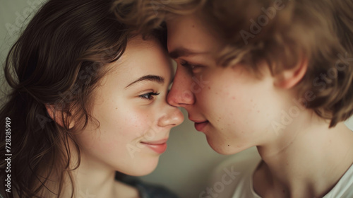 A young, deeply in love couple gazes into each other's eyes in a tender moment of connection