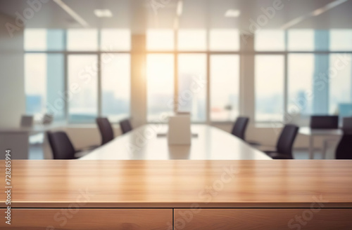 Defocused abstract Conference Room with big desk table  presentation TV  Infographics  Statistics  Graphs. E-Commerce Startup. Blurred empty modern city office. Business open space interior. Finance
