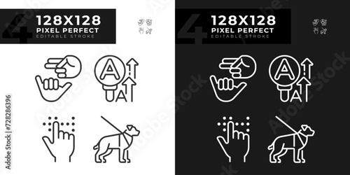 Accessibility for sensory disabilities linear icons set for dark, light mode. Deafness support service. Thin line symbols for night, day theme. Isolated illustrations. Editable stroke photo