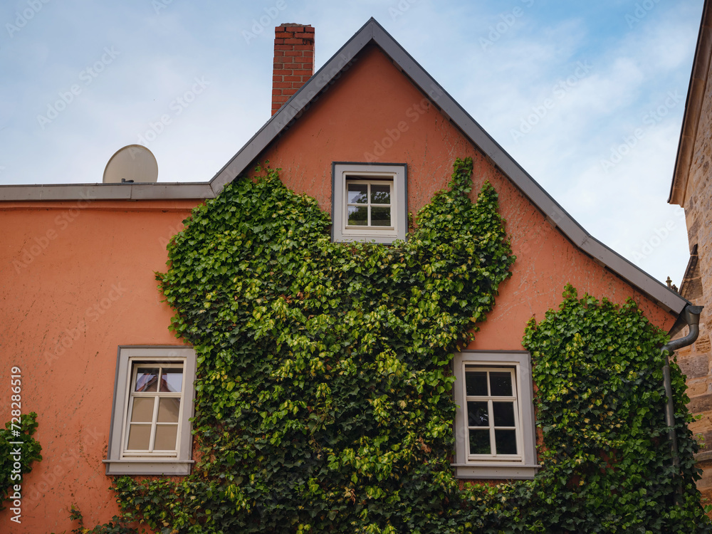 spring trip to Europe. Travel and German sightseeing locations. scenic view to facade of old historic houses somewhere in Erfurt city, details of ancient medieval houses, windows and doors